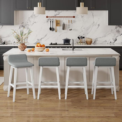 COSTWAY Wooden Bar Stools Set of 4, 29-inch Height Upholstered Padded Seat, Low Backrest, Footrest, Rubber Wood Legs, Armless Bar Chairs for Kitchen Counter Island, Dining Room, White+Gray
