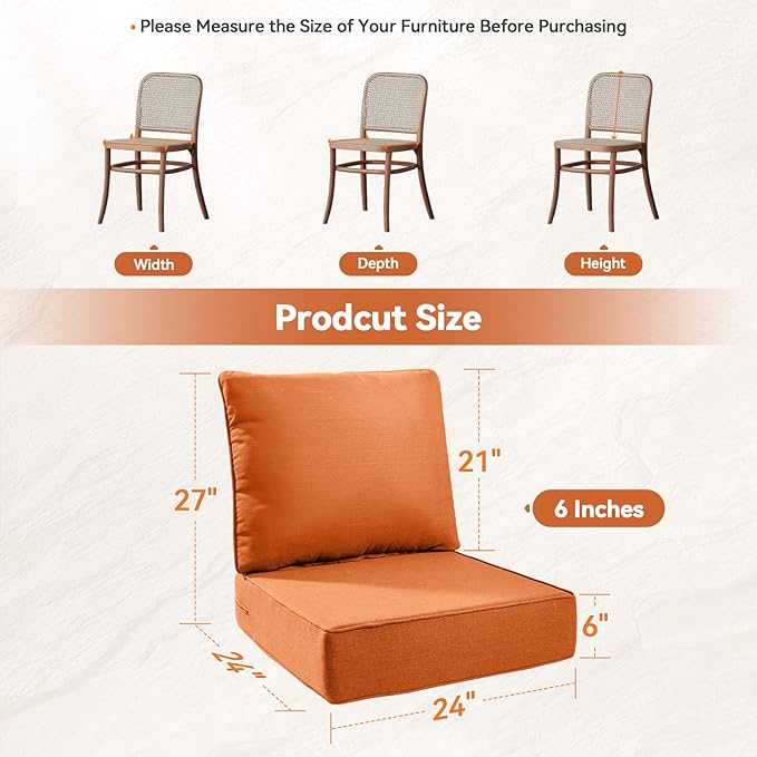 Luxury 6" Outdoor Cushions for Patio Furniture, 24x24x6" Thick Seat Cushion Set of 10, Fade Resistant Couch Chair Replacement Cushions High Density Wicker Chair Cushion w/ Removable Cover, Orange