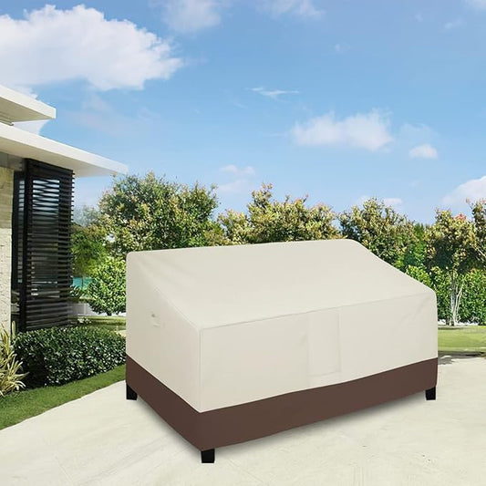 Easy-Going Waterproof Outdoor Couch Cover, Heavy Duty 3-Seater Patio Sofa Cover, Winchdproof Outdoor Furniture Cover with Air Vent (88Wx32.5Dx33H inch, Beige/Dark Brown)