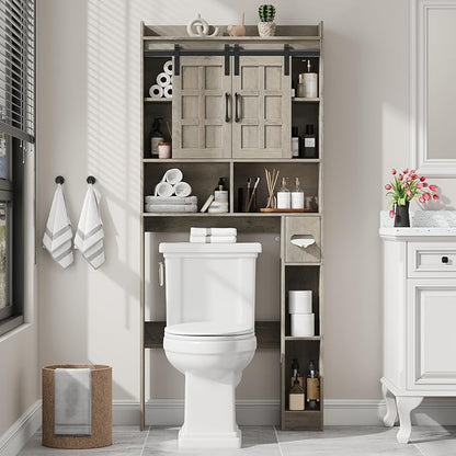 Over The Toilet Storage Cabinet, Farmhouse Storage Cabinet Over Toilet with Sliding Doors，Home Space-Saving Toilet Rack, for Bathroom, Restroom, Laundry.Wash Grey