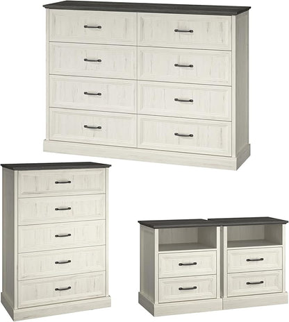 Farmhouse Dresser and Nightstand Sets, 4Pcs Bedroom Furniture Set, Nightstand Set of 2 & 55" Wide 8 Drawer and 44" Tall 5 Drawer Dresser with Large Drawers & Bar Handles, White
