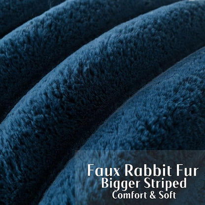 FUTEI Navy Blue Decorative Throw Pillow Covers 18x18 Inch Set of 2, Square Soft Faux Rabbit Fur Thick Striped Cushion Cover,Winter Home Decor for Couch Bed Living Room