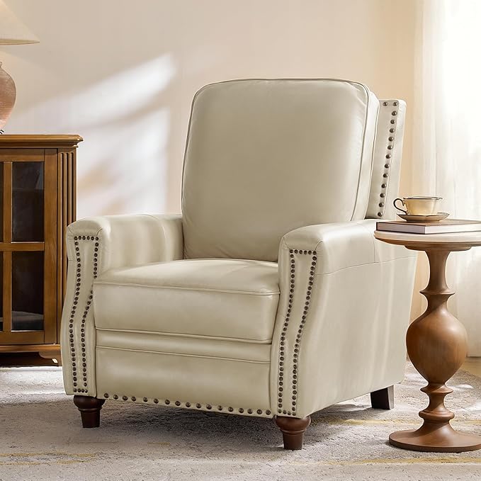 HULALA HOME Genuine Leather Recliner Chair, Classic Push Back Recliner Armchair with Thick Seat and Backrest, Comfy Adjustable Home Theater Single Recliner w/Nailhead Decor for Living Room (Beige)