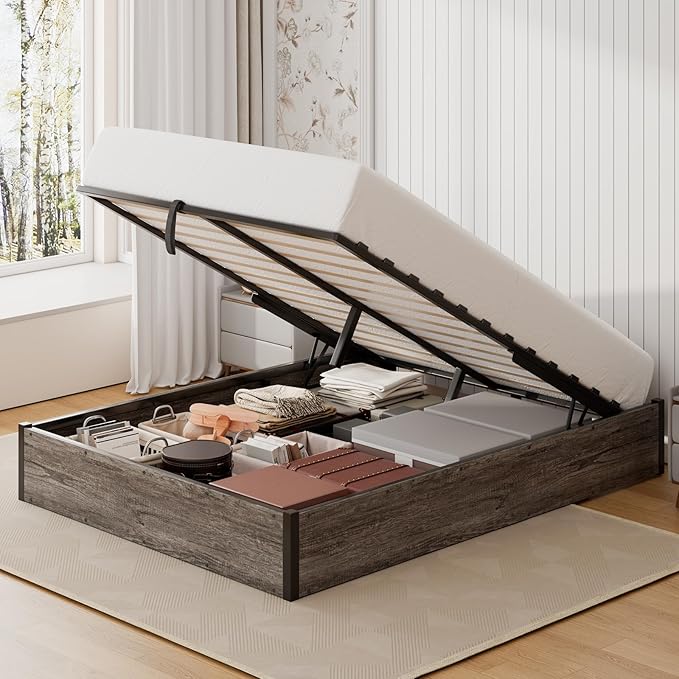 Lift Up Storage Bed Frame, Full Size Wooden Platform Bed with Large Storage Underneath, No Box Spring Needed, Noise Free, Rustic Grey