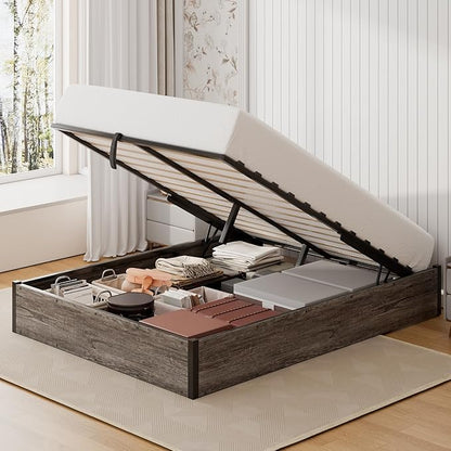Lift Up Storage Bed Frame, Full Size Wooden Platform Bed with Large Storage Underneath, No Box Spring Needed, Noise Free, Rustic Grey