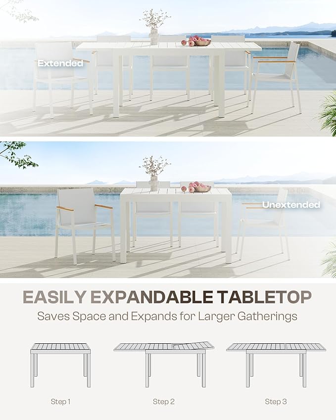 All-Aluminum Expandable Outdoor Patio Dining Table for 4-8 Person, All-Weather Rectangular Outdoor Table(48"-79") with Smooth Cilde Rails & Secure Locking Handle for Garden, Indoor, White