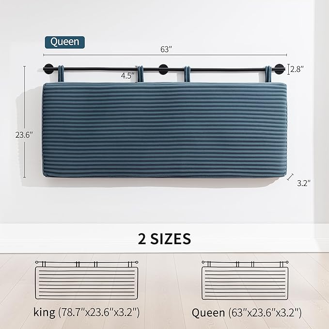 UEV Queen Headboard Only, Wall Mounted Hanging Upholstered Bed Head Board, Modern Vertical Channel Design of Fine Flannel, Elegant Blue Fluted Headboard for Bedroom (Lake Blue, Queen Size)