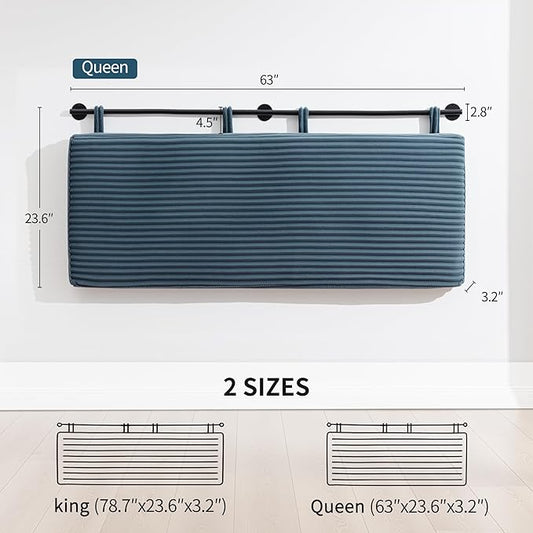 UEV Queen Headboard Only, Wall Mounted Hanging Upholstered Bed Head Board, Modern Vertical Channel Design of Fine Flannel, Elegant Blue Fluted Headboard for Bedroom (Lake Blue, Queen Size)