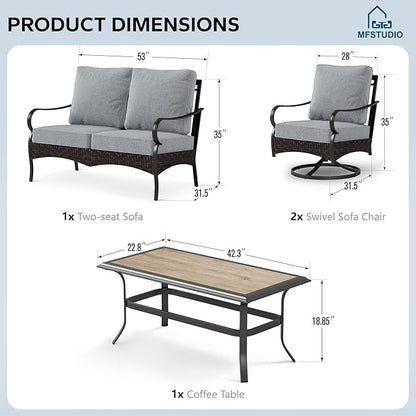 MFSTUDIO 4 Pieces Outdoor Patio Furniture Set, Metal Outdoor Conversation Set, Rattan Wicker Patio Sectional Sofa Set with 2 x Swivel Single Sofa, 2-Seat Sofa, 1 x Coffee Table, Grey