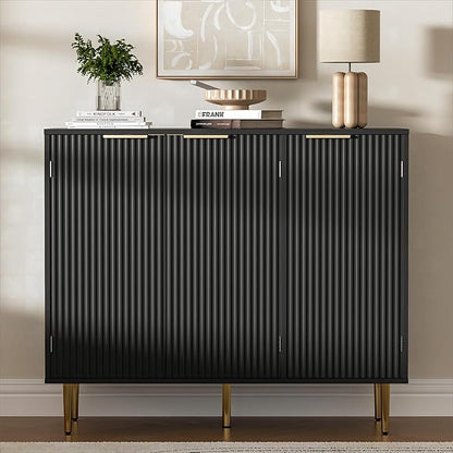 Fluted Sideboard Buffet with 3 Doors, Modern Accent Cabinet with Adjustable Shelves, Kitchen Storage Cabinet with Golden Handles, Coffee Bar for Kitchen, Living Room, Black
