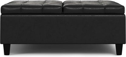 SIMPLIHOME Harrison Large Coffee Table Storage Ottoman - 40 inch Wide Upholstered Vegan Leather Square Lift-Top Ottoman in Distressed Black, Transitional Bench for Living Room with Sturdy Base
