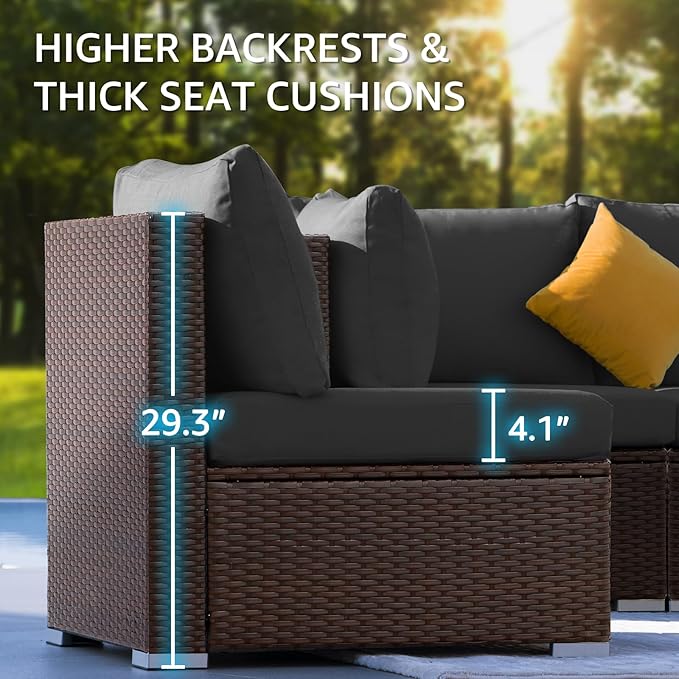 NICESOUL 9 Piece Extra Large Outdoor Patio Furniture Set with Fire Pit Natural Gas/Propane, 29.3 High Back Modular Sectional Couch Sets, Deep Seat Conversation Set, Brown Rattan and Dark Grey Cushion