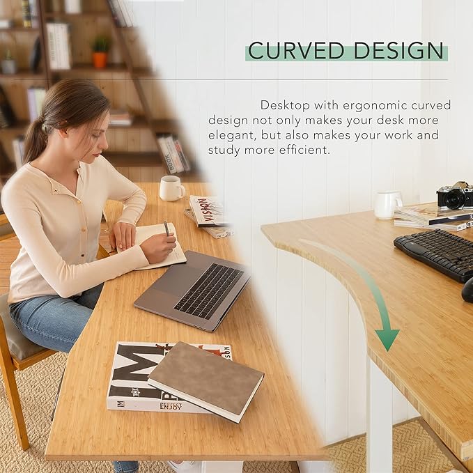 FlexiSpot E6 Bamboo 3-Stage Dual Motor 60 x 30 Electric Standing Desk Sit Stand Up Desk, Holds 220 lbs, Adjustable Height w/ Memory Presets, Solid Bamboo Curved Desktop & Black Frame, Ships in 2 Boxes