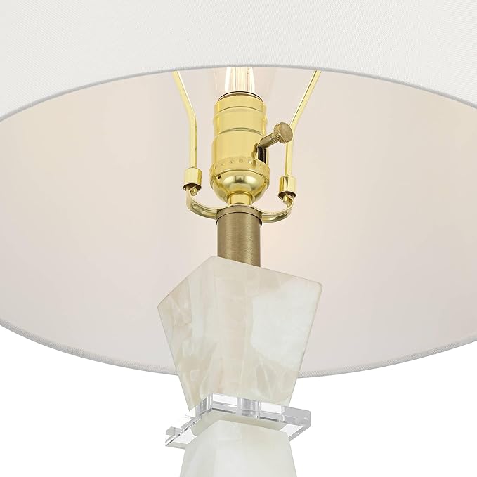 Possini Euro Design Marcy 28" Tall Modern Glam Table Lamp White Finish Alabaster Single Fabric White Shade Living Room Bedroom Bedside Nightstand House Office Home Reading Kitchen Entryway