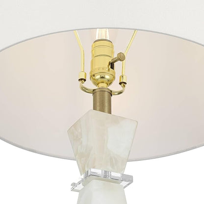 Possini Euro Design Marcy 28" Tall Modern Glam Table Lamp White Finish Alabaster Single Fabric White Shade Living Room Bedroom Bedside Nightstand House Office Home Reading Kitchen Entryway