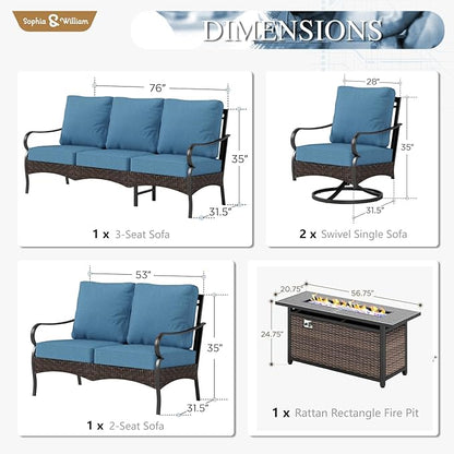 Sophia & William Patio Furniture Set with Fire Pit Table, 4PCS Metal Outdoor Conversation Set with Fire Pit Table, 2 Swivel Chairs,1 Loveseat,3-Seater Couch for Outdoor Seating,Backyard,Porch(Navy)