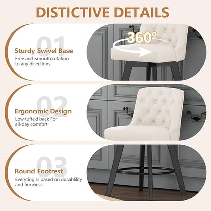 MINCETA Bar Stool, PU Leather Barstool, 26 Inch Upholstered Counter Stool with Low Tufted Back and Footrest, Swivel Counter Height Barstool for Kitchen Island Home Bar White