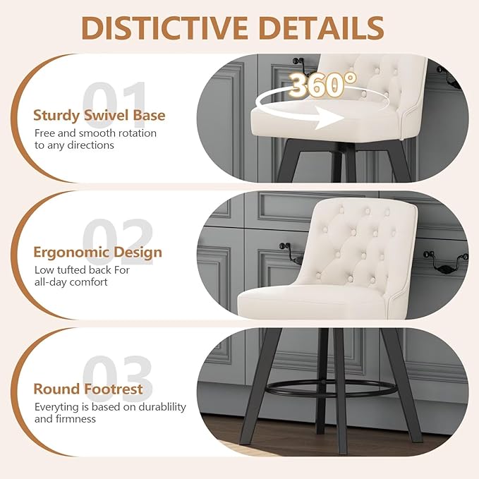 MINCETA Bar Stools Set of 4, PU Leather Barstools, 26 Inch Upholstered Counter Stools with Low Tufted Back and Footrest, Swivel Counter Height Barstools for Kitchen Island Home Bar White
