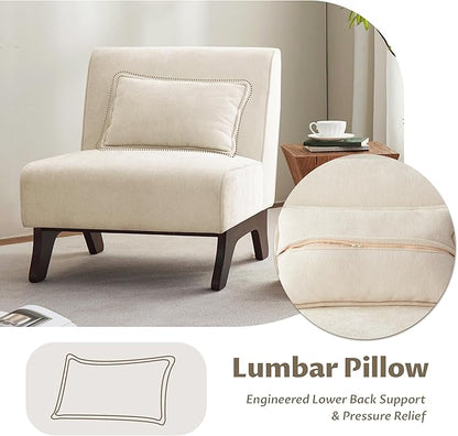 Upholstered Armless Accent Chair,Modern Comfy Living Room Chairs with Wooden Legs& Pillows,Lounge Sofa Side Chair for Bedroom Farmhouse Reading (Beige, 1 PC)