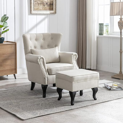 Accent Reading Arm Chairs with Ottoman for Living Room Bedroom, Midcentury Modern Comfy Corner Sofa Chair, Wingback Waiting Room Club Chair with Button Tufted Back &Lumbar Pillow, Linen Beige