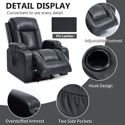 PELUMY Manual Lift Recliner Chair for Elderly with Massage & Heat, Oversized Heavy Duty 350 lbs Recliner with Cup Holders & USB Ports, Infinite Positioning Lift Chair (Breathable Leather, Dark Grey)