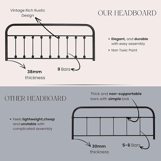 Vintage Metal Headboards, Adjustable Height Iron Frame, Farmhouse Rustic Style, Elegant and Durable Design, Easy Assembly, Universal Fit for Kids & Adults, King Size, Black Finish