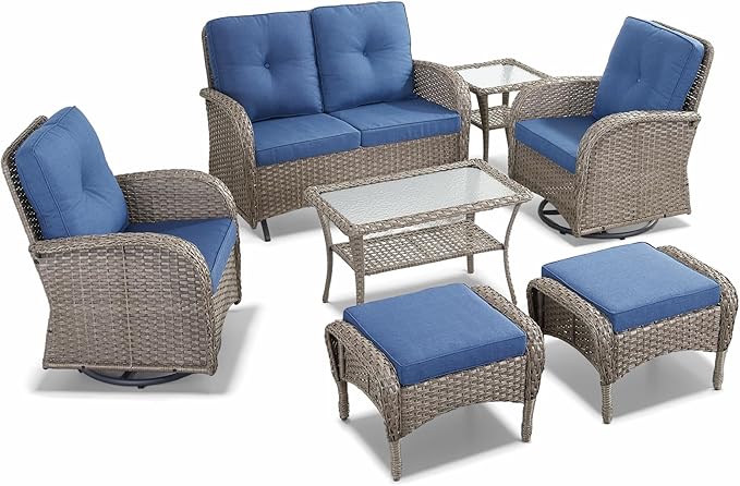 HUMMUH 7 Pieces Wicker Patio Conversation Set Outdoor Glider Loveseat with Patio Swivel Rocking Chairs Outdoor Patio Set for Deck Lawn Porch Balcony Poolside-Grey/Blue