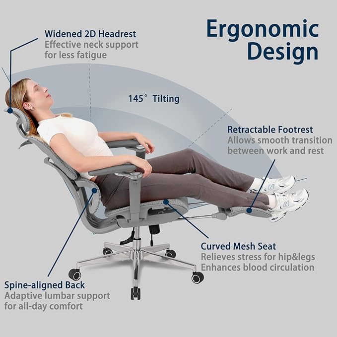 Big and Tall Ergonomic Office Chair with Footrest, 5D Adjustable Armrests, Lumbar Support, Mesh Reclining Swivel Chair for Home Office or Gaming, Adjustable Seat Depth, S3 Elite Pro Grey