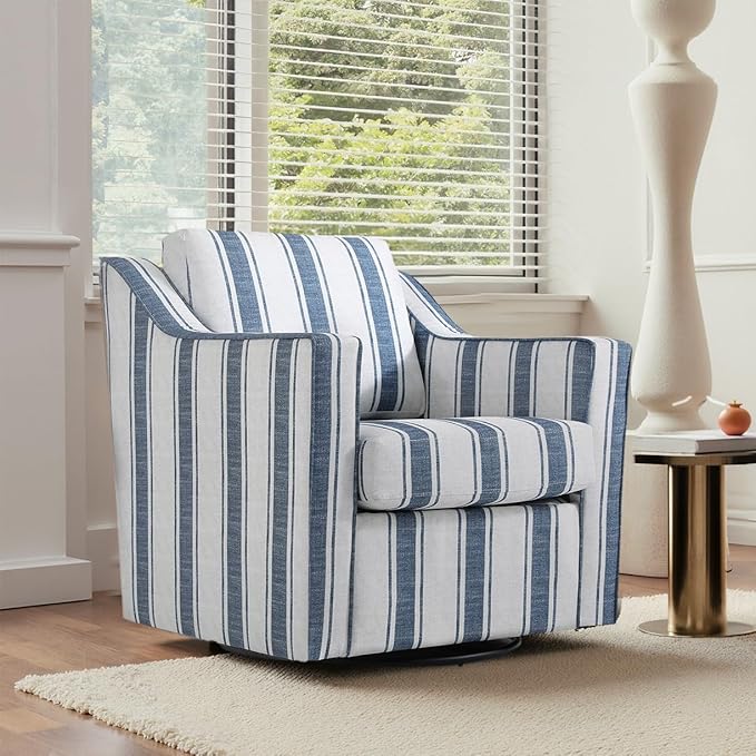 UIXE Swivel Accent Chairs Set of 2, Fabirc Upholstered Arm Chair for Living Room, Modern Club Armchair Comfy Single Sofa Bedroom Reading Seat with Lumbar Pillow - Navy Blue Stripe