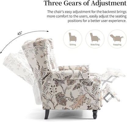 Pushback Recliner Chair Set of 2, Floral Fabric Wingback Recliner Chair, Upholstered Armchair Push Back Recliner, Rivet Trim Single Sofa Accent Chair with Wood Legs for Living Room, Plants Beige