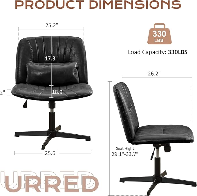 URRED Criss Cross Office Chair, Armless Cross-Legged Desk Chair with Fixed Legs, Height Adjustable Wide Seat Task Vanity Chair for Home Office or Bedroom (Black)