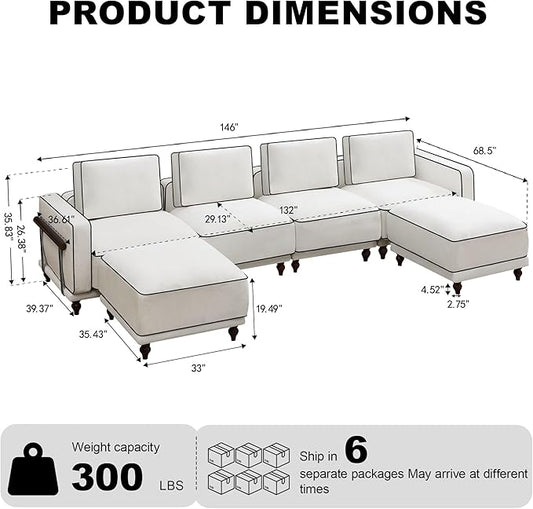 146" 4 Seater Cloud Couch with 2 Ottoman,Modular Sectional U Shaped Sofa with Armrests Wooden Legs,Oversized Deep Seat Comfy Thicked Cushion Upholstered Sofa for Living Room Bedroom,White