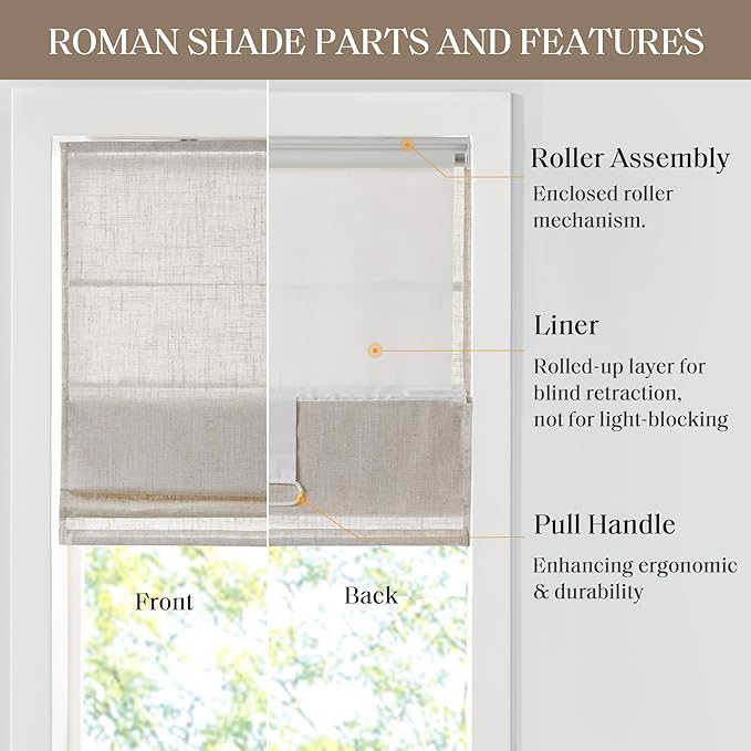 Madison Park Kyler Cordless Roman Shades - Single Panel, Lightweight Linen Blend Fabric, Natural Design, Easy Installation, Light Filtering Window Blind, Bedroom, Living Room Decor 27"W x 64"H Natural