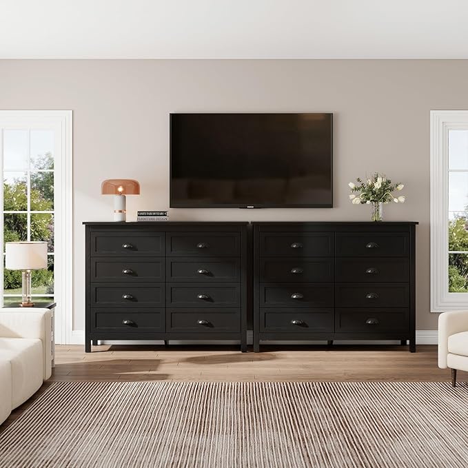 Black Dresser for Bedroom, Farmhouse 8 Drawer Double Dresser with Vintage Antique Handles, Modern Tall Dressers and Chest of Drawers for Bedroom