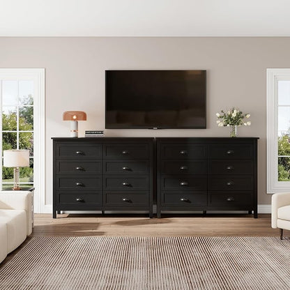 Black Dresser for Bedroom, Farmhouse 8 Drawer Double Dresser with Vintage Antique Handles, Modern Tall Dressers and Chest of Drawers for Bedroom