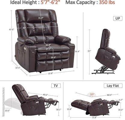MCombo Dual Motor Power Lift Recliner Chair for Elderly, Lay Flat Lift Chair with Heat and Massage, Oversized Lift Recliner for Big and Tall, Faux Leather R7891 (Dark Brown, Oversized)