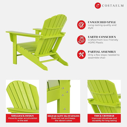 Costaelm Outdoor Adirondack Chair, HDPE Patio Chair, Weather Resistant Lawn Firepit Outside Chairs for Porch, Poolside, Garden, Backyard Deck, Lime