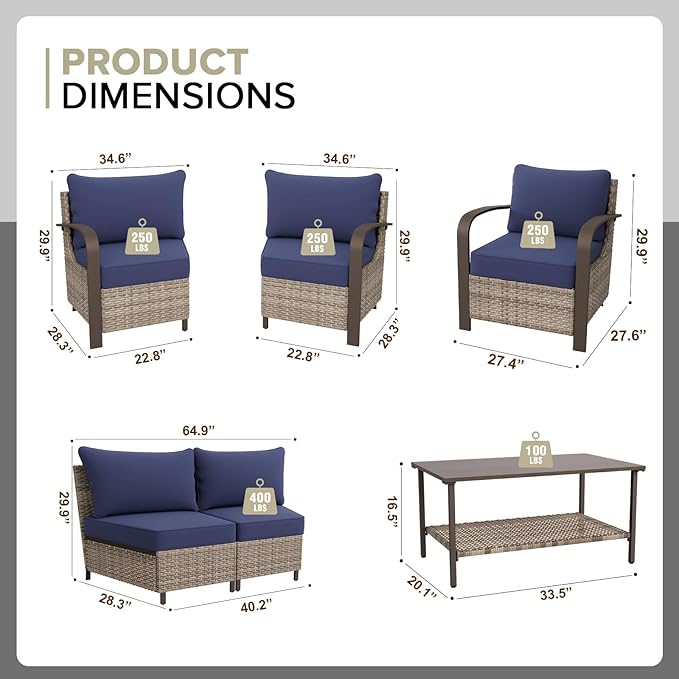 COOS BAY Aurora Terrace Half-Moon Outdoor Furniture Set, Rattan Conversation Set with Patio Chairs, Curved 4-Seat Sofa, Coffee Table, Seats 6, Beige/Blue