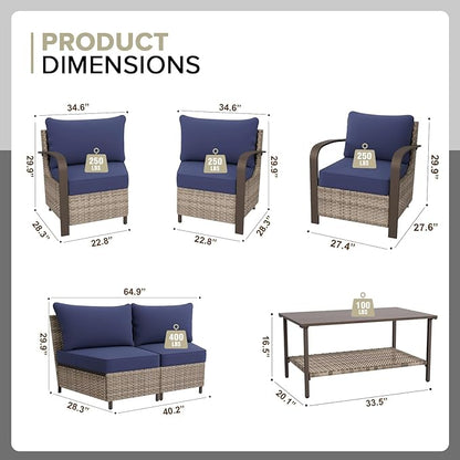 COOS BAY Aurora Terrace Half-Moon Outdoor Furniture Set, Rattan Conversation Set with Patio Chairs, Curved 4-Seat Sofa, Coffee Table, Seats 6, Beige/Blue