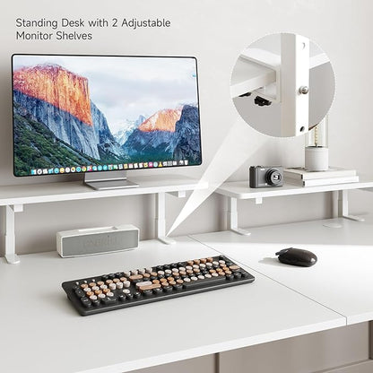 ONBRILL Standing Desk with 2 Adjustable Monitor Shelves, 63 x 24 Inch Electric Stand Up Desk with Memory Controller and Adjustable Height from 28-46 inches for Computer Workstations, All White