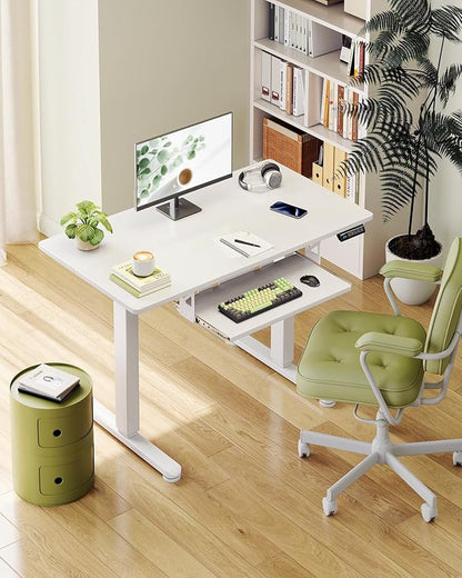 Casaottima Electric Standing Desk with Keyboard Tray, 35 Inch Height Adjustable Small Table, Sit Stand Table, Writing Computer Desk for Home, Office, Workstation, White