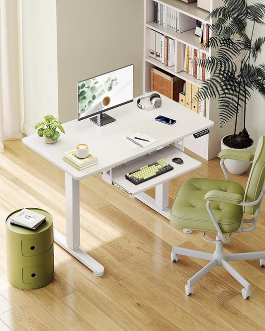 Casaottima Electric Standing Desk with Keyboard Tray, 35 Inch Height Adjustable Small Table, Sit Stand Table, Writing Computer Desk for Home, Office, Workstation, White