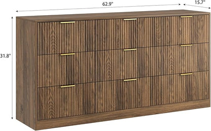 3-Piece Modern Bedroom Furniture Set, Wide 9-Drawer Dresser & 3-Drawer Nightstands Set of 2, Natural Wood Dresser and Nightstand Sets for Bedroom, Hallway, Walnut