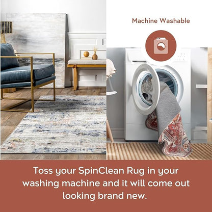nuLOOM Aaliyah Abstract 6 Round Machine Washable Area Rug for Living Room Bedroom Dining Room Kitchen, Blue Multicolor/Ivory