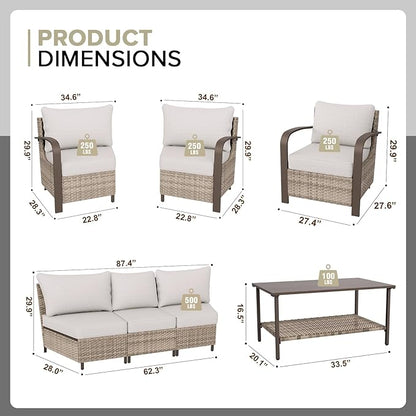 COOS BAY Aurora Terrace Half-Moon Outdoor Furniture Set, Rattan Conversation Set with Patio Chairs, Curved 5-Seat Sofa, Coffee Table, Seats 7, Beige/Beige