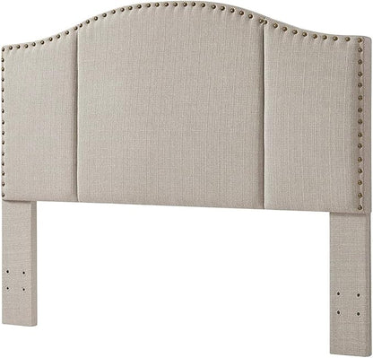 24KF Middle Century Linen Upholstered Tufted Queen Size Headboard with Antique Brass Nail Heads Trim Queen/Full headboard-Linen