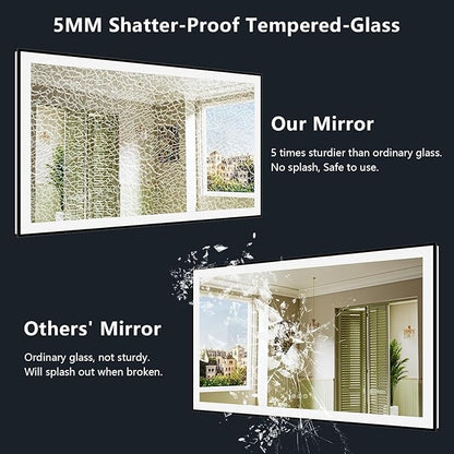 60x40 Inch LED Bathroom Mirror with Lights (Front Lit and Backlit) Black Framed Lighted Vanity Mirror for Bathroom Wall Dimmable Anti-Fog Memory Tempered Glass Horizontal/Vertical