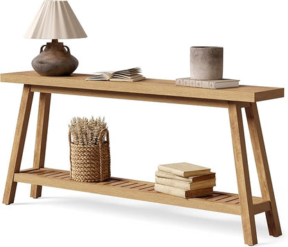 LITTLE TREE 70.9 Inches Extra Long Console Table for Entryway, 2-Tier Narrow Wood Sofa Table Behind Couch, Large Sofa Table for Living Room, Light Brown Hallway Entry Table with Storage