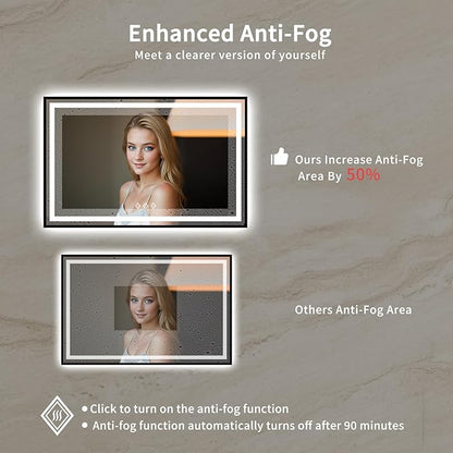 LED Bathroom Mirror, 55x36 Inch Black Framed Gradient Front and Backlit LED Mirror, 3 Colors Dimmable CRI>90, Enhanced Anti-Fog Wall Mounted Smart Mirror
