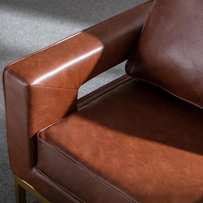 Modern Accent Chair, PU Leather Upholstered Side Chair with Backrest, Comfy Armchair Side Chair with Golden Metal Base for Living Room Reception Room, 1PC, Brown